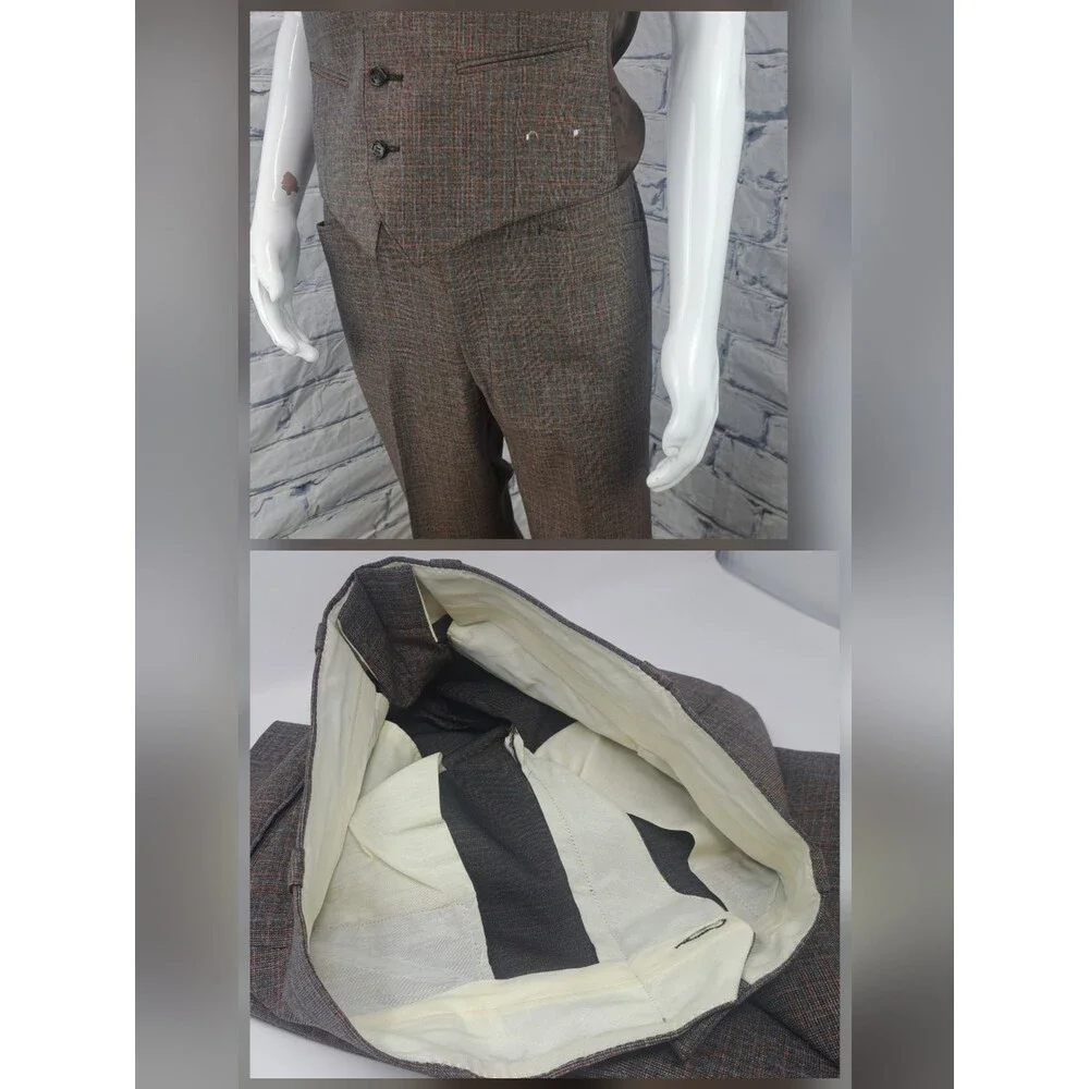 Vintage 70s 80s Men's 3 Piece Suit Brown Check Canvassed Flare Leg 40L 38L 34W